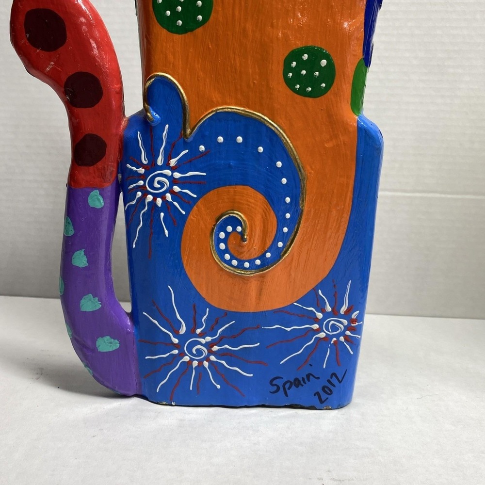 Hand-Painted Wooden Cat Figure Multicolor Folk Art Sculpture - Picture 4 of 14